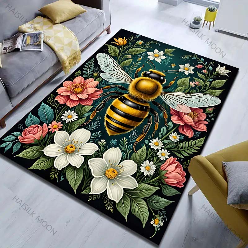 HD Bees and Flowers Print Carpet for Living Room Bedroom Bedside Sofa Table Floor Mat Home Area Rug Decoration Gifts