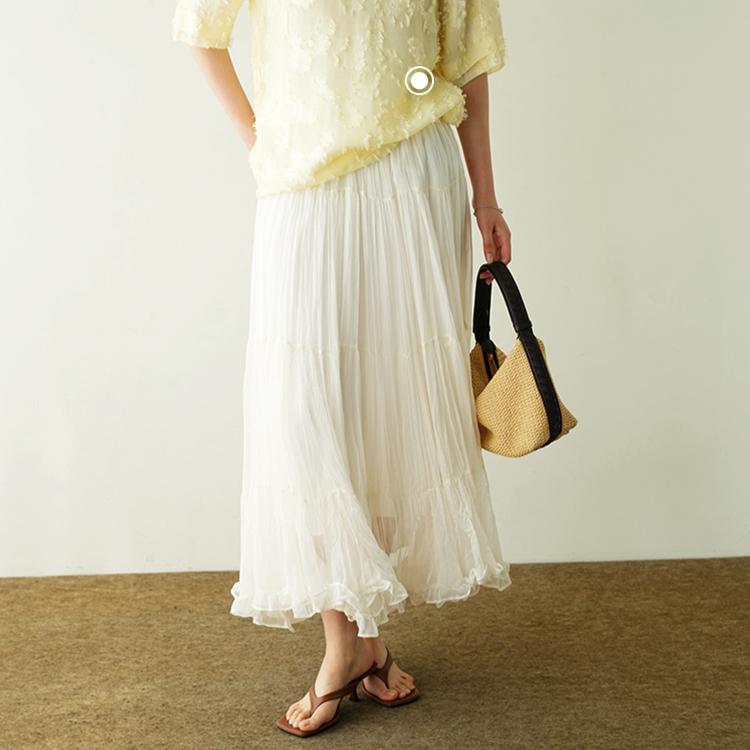 DIMANAF 2026 Summer Women New Skirts Solid Elastic Waist Pleated Mesh Elegant Skirts Yellow