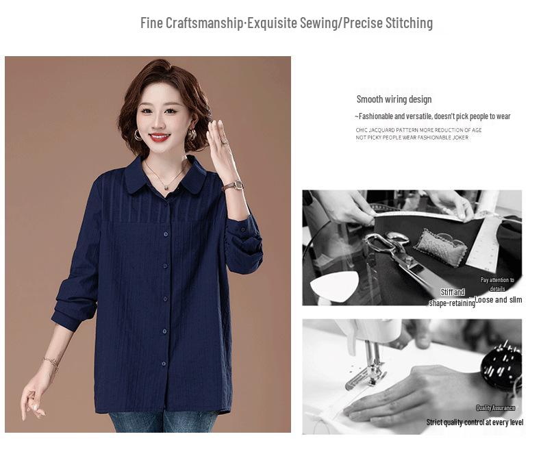 Bluzka damska z czystej bawełny w dużych rozmiarach z kołnierzykiem typu turn-down - Moda wczesnojesienna dla mam w średnim wieku