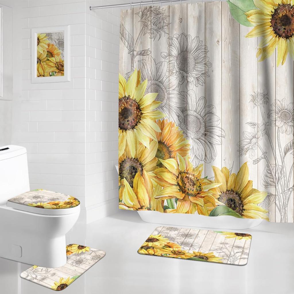 Sunflower Bathroom Sets with Shower Curtain and Rugs -Flower, 4-Piece Shower Curtain Sets with Rugs, Memory Foam Toilet Lid Cover, and Non-Slip