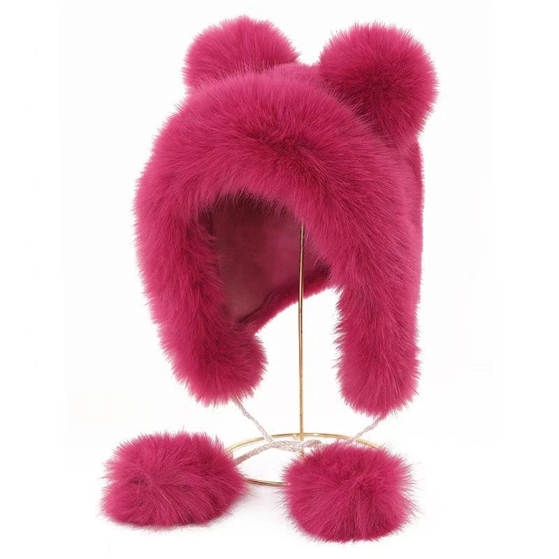 1Pcs Thicken And Warm Ear Protection Wind And Snow Hat Plush Little Bear Lei Feng Hat Winter New Women'S Plush Cute Bear Ear Hat