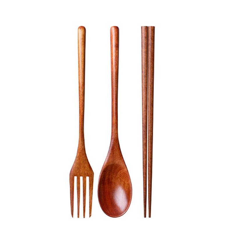 Studentisches Holzbesteck-Set: Löffel, Gabel, Essstäbchen mit Tragetasche. Ideal für den Außenbereich.