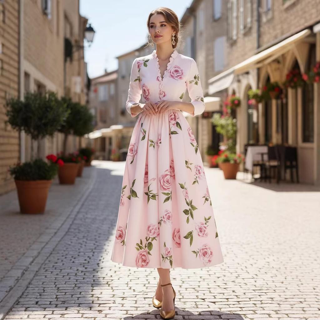 Elegant Long Sleeve Pleated Banquet Dress Fashion Lady High Waist A-Line Dresses Temperament V-Neck Floral Printed Evening Dress