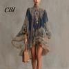 Lantern Sleeve Dress Boho Floral Print High Neck Irregular Chiffon Mini for Women, Smocked Neckline Long Flowy Party Cocktail Dress, Summer