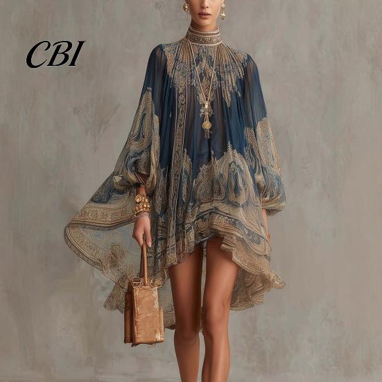 Lantern Sleeve Dress Boho Floral Print High Neck Irregular Chiffon Mini for Women, Smocked Neckline Long Flowy Party Cocktail Dress, Summer