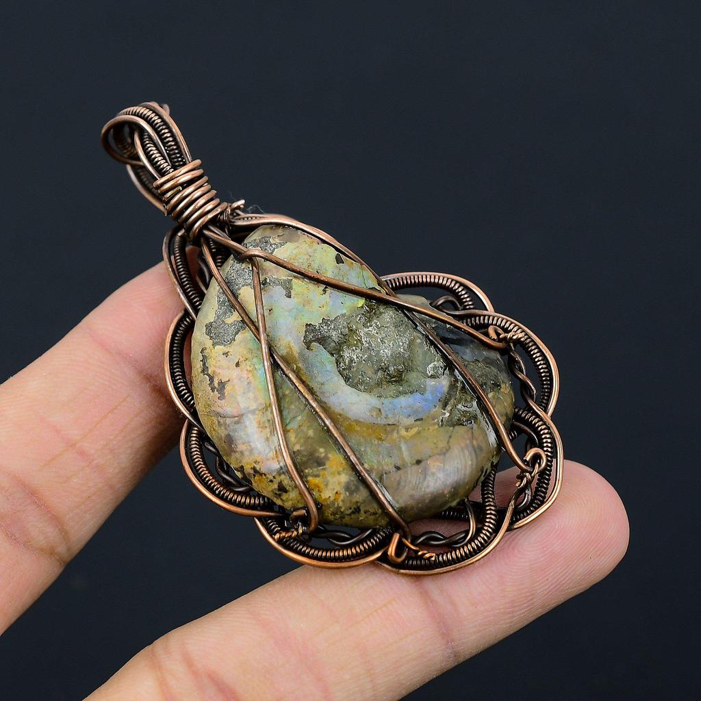 Ammonite Fossil Gemstone Copper Wire Wrap Handmade Pendant Jewelry Gift For Woman