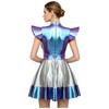 Womens Metallic Shiny Cosplay Structured Flying Sleeves Mock Neck Back Zipper A-Line Hem Dress