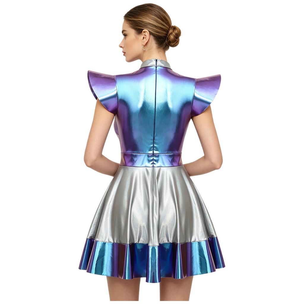 Womens Metallic Shiny Cosplay Structured Flying Sleeves Mock Neck Back Zipper A-Line Hem Dress