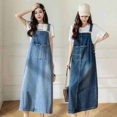 Danmo Casual Mid Length Jean Suspender Straps Dress Women Denim Dresses Spring Summer Big Pocket Loose Female Vestidos Plus Size
