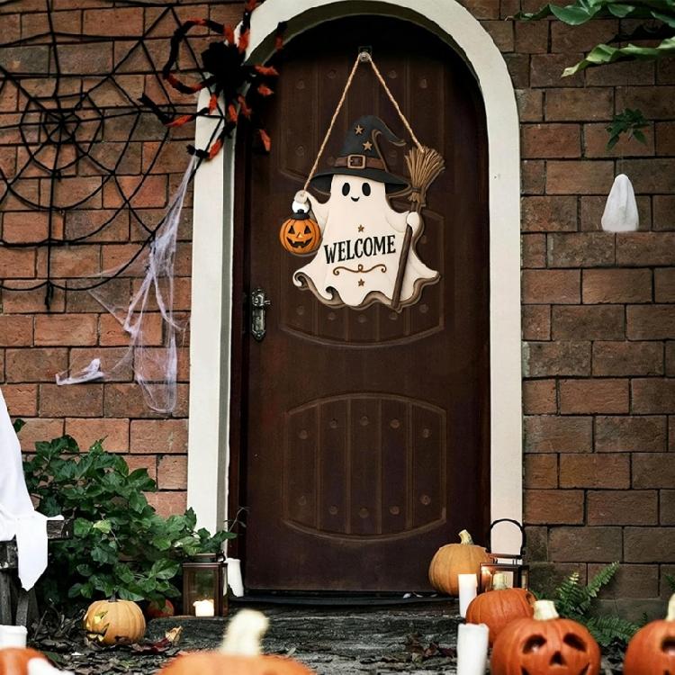Halloween Porch Wall Sign for Front Door Entryway Display, Funny Wooden Hanging Pendant Accent for Fall Party Setup