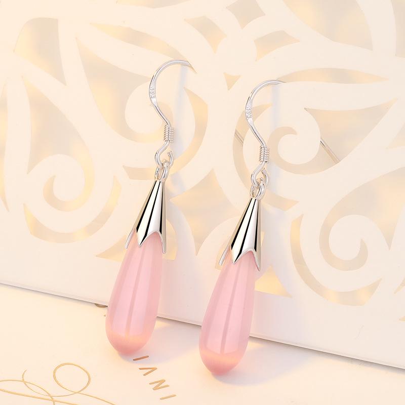 Qiaolanxuan Korean Style Sterling Silver Cat's Eye Teardrop Earrings with Natural Crystal