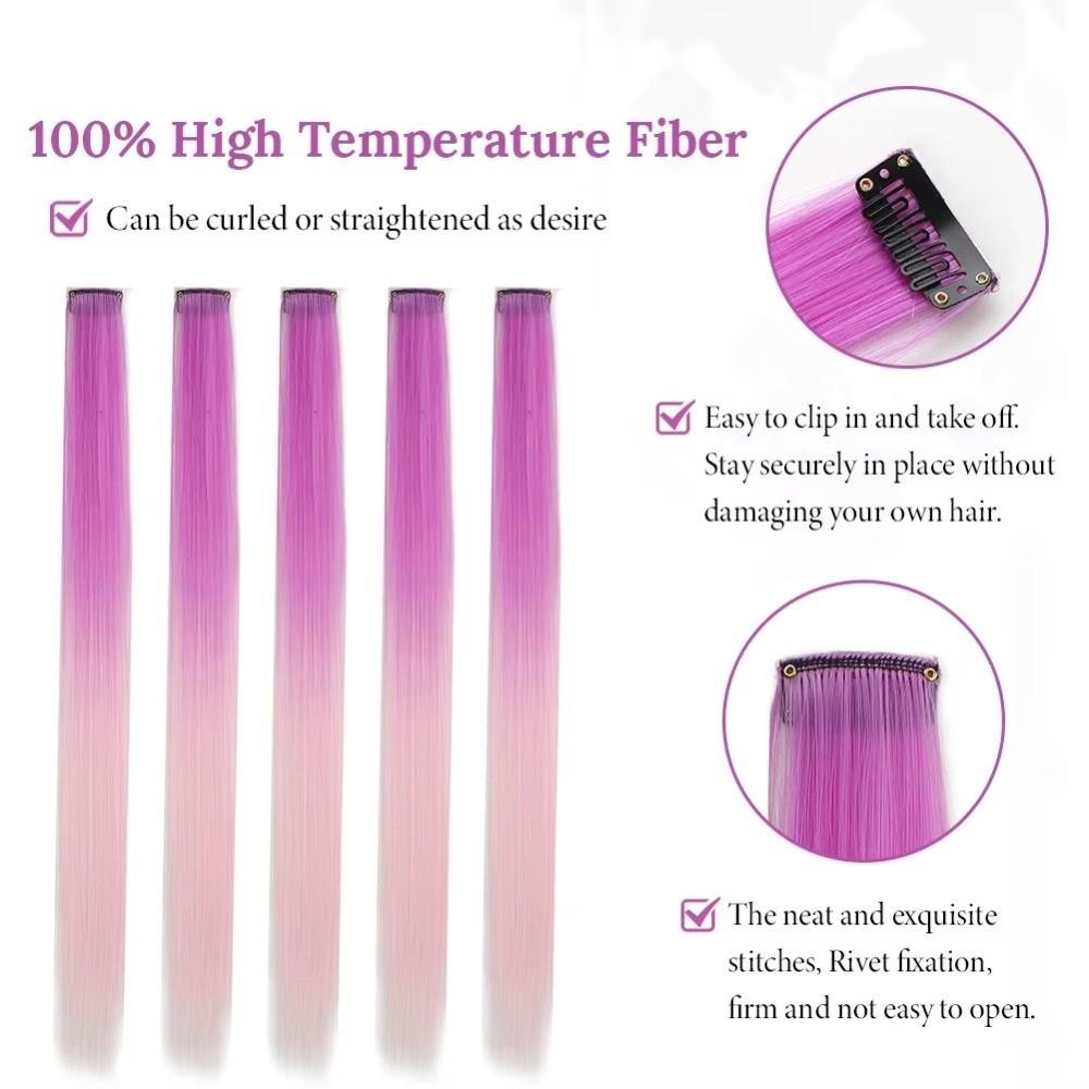 Fashion Synthetic Clip in Hair Extensions Long Straight Rainbow Colorful Hair Highlights 22 Inches Wig Hairpieces Girls