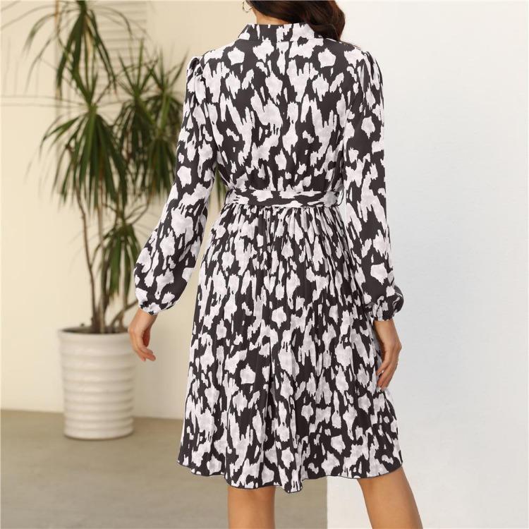 Women's Spring Floral Print V Neck Lace Up Dress Long Sleeve High Waist Knee Length Pleated