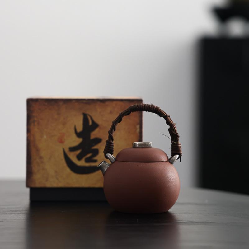 Small Gilded Silver Teapot with Rattan Woven Handle, Original Purple Clay Pottery