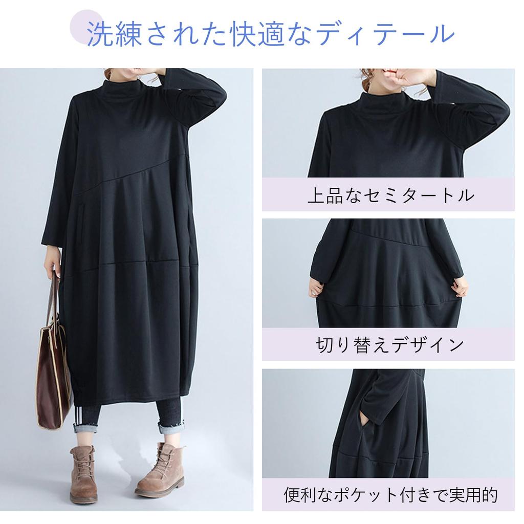 H2four Long Sleeve Maxi Dress with and Tunic Loose and Contrasting Design for Everyday Wear in and Winter Women's Pockets, Stand-Up Collar, Style,