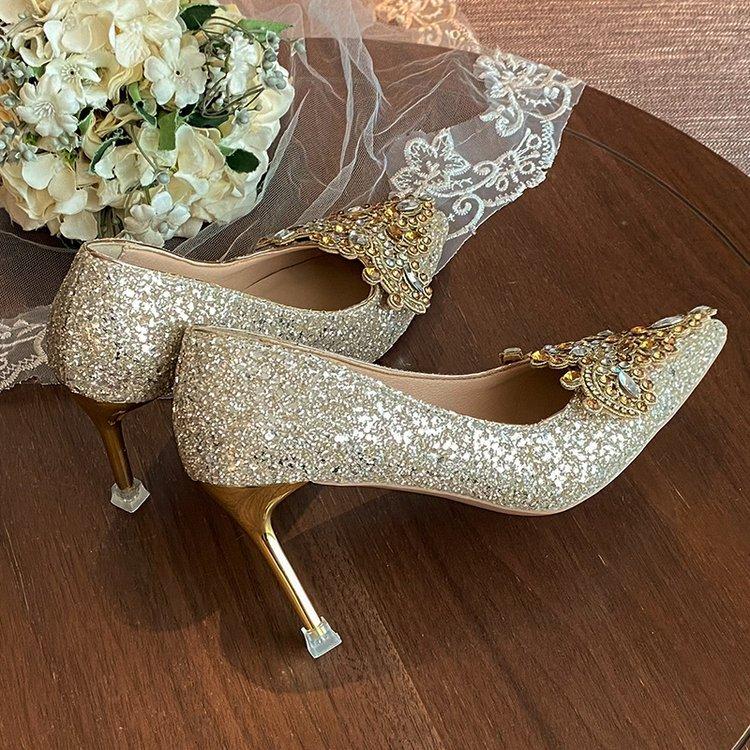 Wedding Shoes Women's Brides Bridesmaids Crystal Shoes Etiquette Wedding Sequins Fine Heels Rhinestones Women's High Heels