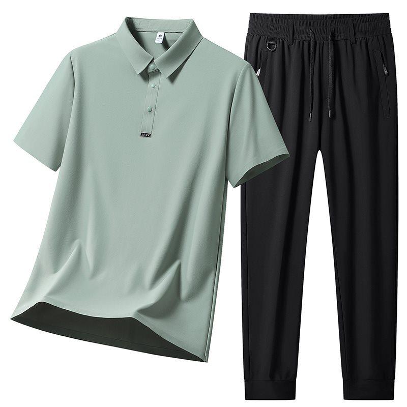 Men's Polo Short Sleeve & Long Pants Set: Summer Breathable, Elastic, Cool Touch Casual Sportswear.