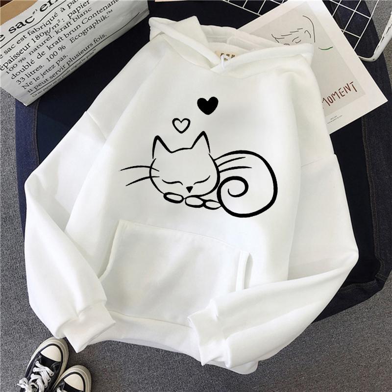 Women's Sleeping Cat and Hearts Printed Casual Sweatshirts Graphic Gothic Pocket Hoodies Y2k Hooded Kawaii Clothes