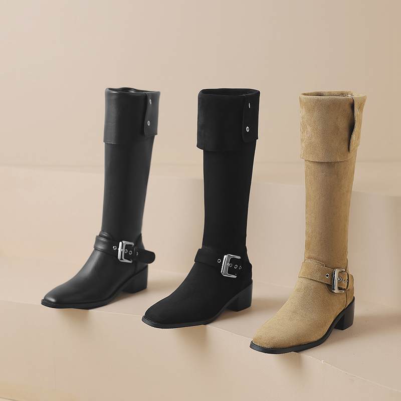 Krazing Pot Zapatos de Microfibra con Pelo Otoño Invierno Tacón Medio Grueso Botas de Montar Remaches Punta Cuadrada Mantener Caliente Botas Altas hasta la Rodilla