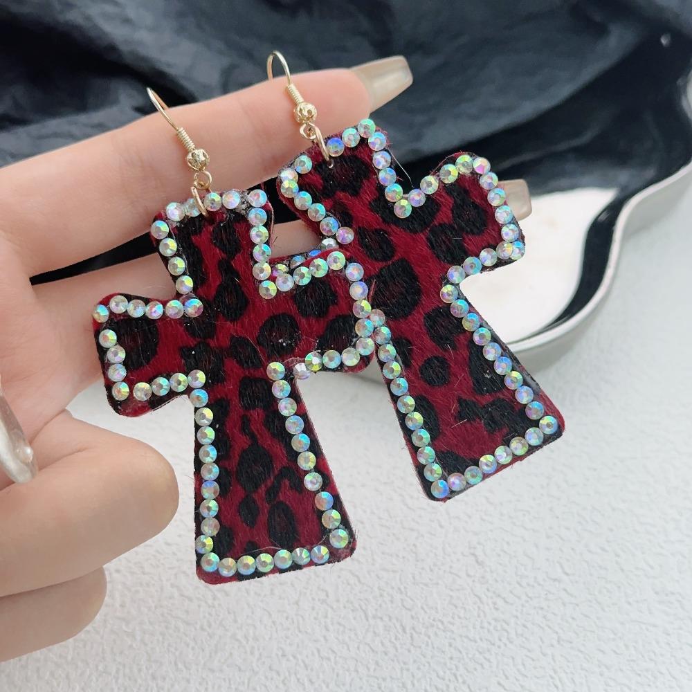 Y2k Hot Girls Colored Diamond Leopard Print Large Flocking Cross Dangle Earrings for Women Punk Exaggeration Jewelry Accessory
