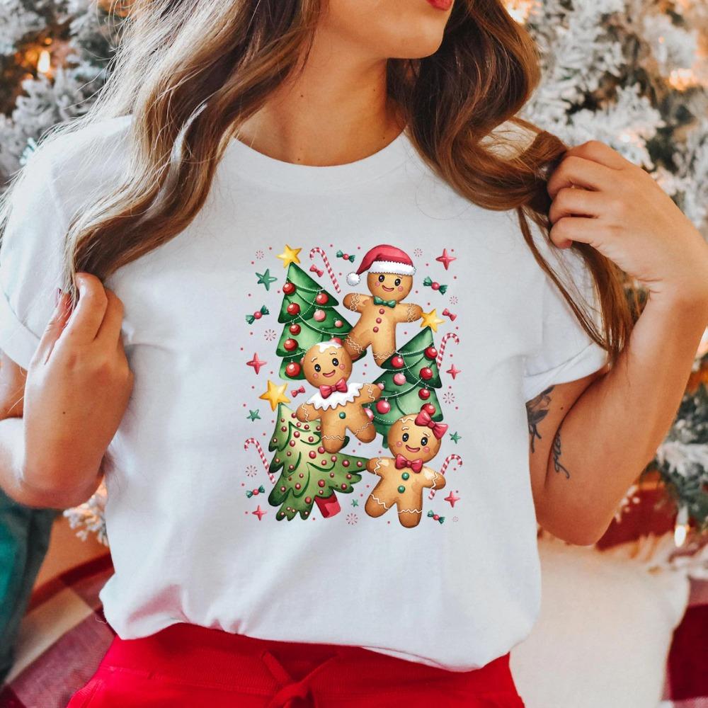 Christmas gingerbread shirt short sleeved round neck casual top washable holiday party women's T-shirt, dwarf gift