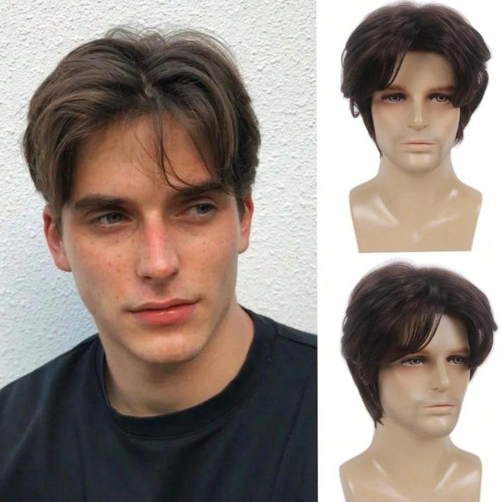 Men s Fashion Natural Fluffy Wig, Brown Middle Part Short High-Temperature Fiber Hairpiece