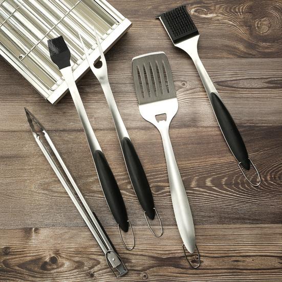 5Pcs BBQ Grill Tool Set with Spatula Tongs Fork Brush Skewers And Case Outdoor Baking Utensils for Parties Camping Restaurants