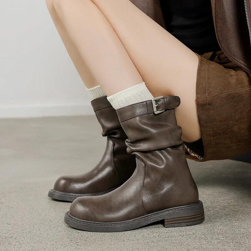 Fashion 2024 New Retro Women Boots Autumn Winter Slip-On Mid-Calf Round Toe Square Heel Basic Women Shoes Motorcycle Boots