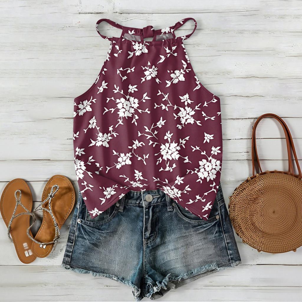 Women Sleeveless Bohemian Floral Print Tank Top Loose Fit Neck Blouse Casual Summer Lightweight Camisole Shirt