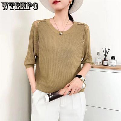 Women's Ice Silk Knitted Short Sleeve T-shirt Shoulder Hollow Knitted Top Women