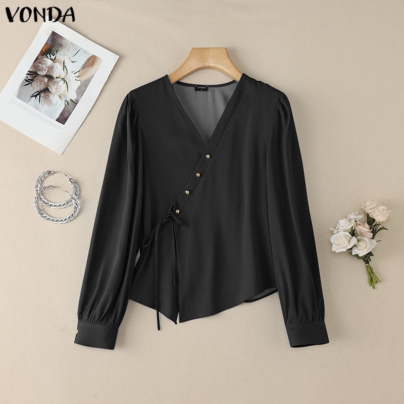 VONDA Women V-Neck Long Sleeve Lace-up Irregular Solid Color Casual Blouse