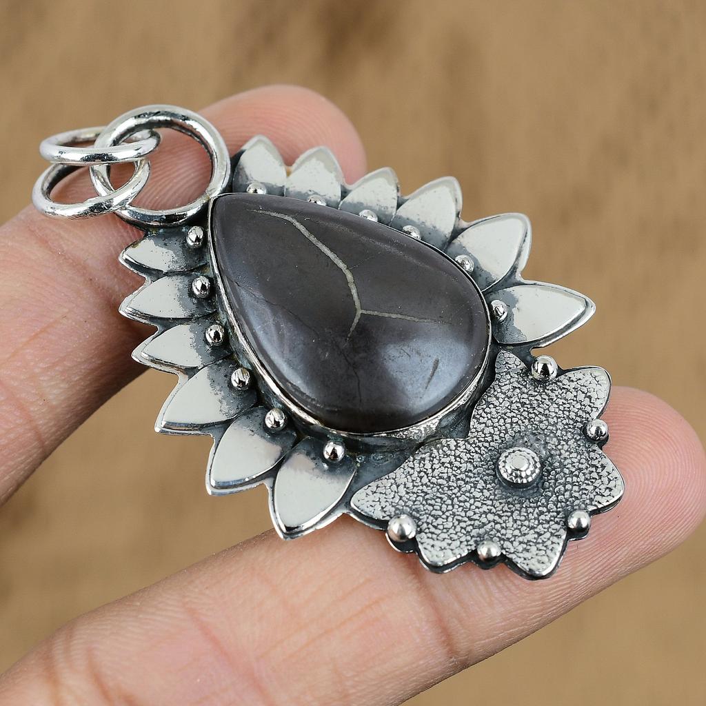 Gift For Her 925 Silver Natural Moroccan Mud Crack Fossil Gemstone Pendant