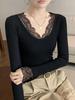 Women's Lace Splice Ribbed U-Neck Slim-Fit Long Sleeve Top for Autumn/Winter
