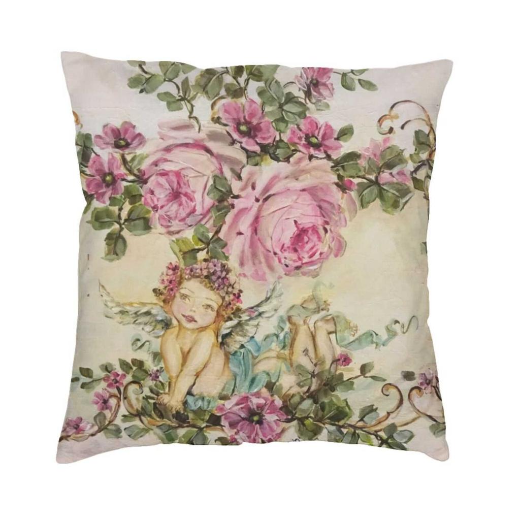 Sweet Cherub And Pink Roses Shabby Chic Throw Cushion Pillow Cover Pillowcase Shabby Chic Pink Roses Rose Paintings Hand