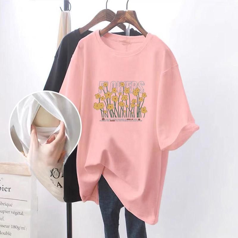 Short-Sleeve Nursing Tops: Loose, Mid-length T-shirts Ideal for Summer Breastfeeding, Providing Fashionable Hip and Belly Coverage.