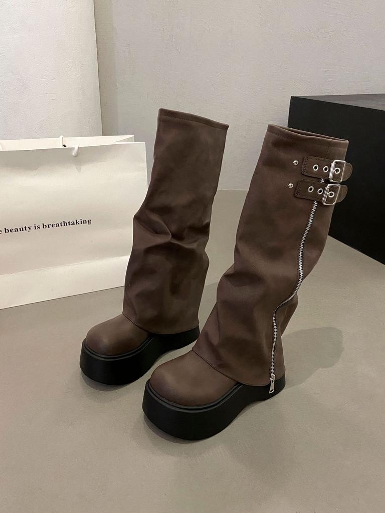 Wind but knee boots trousers western high knight boots spice girl big head boots sweet cool thick bottom pile soft leather boots