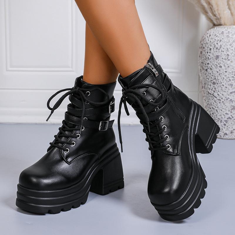 Mode Femme Gothique Plateforme Talon Haut Épais Bottines Cheville Noir Sangle à Boucle Lacets Fermeture Éclair Bottes Moto Femme Chaussures Style Punk