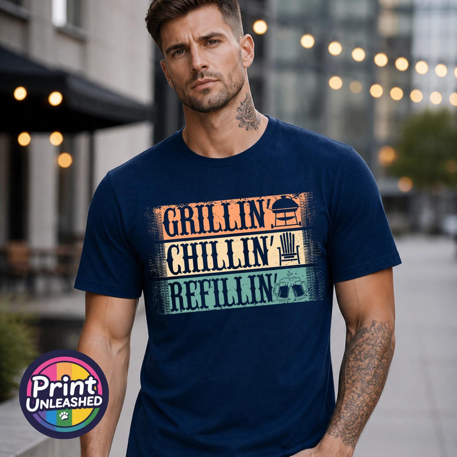 Chillin Grillin Refillin Tee Summer BBQ T Shirt Retro Father’s Day Gift for Dad 2XL