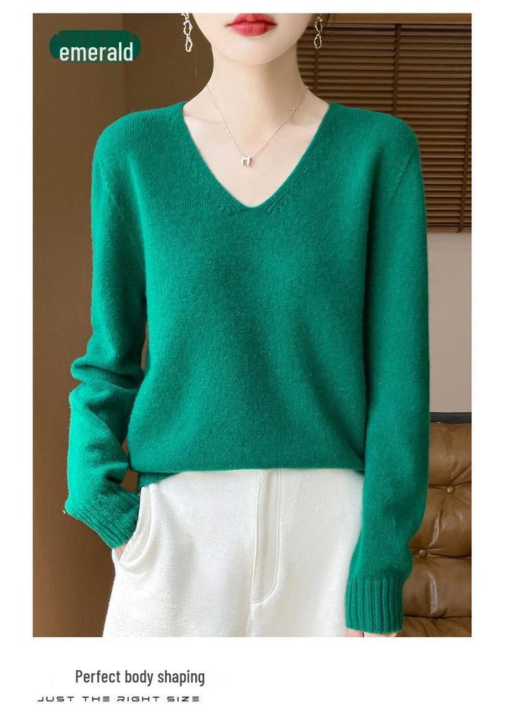 Women's V-Neck Thickened Wool Knit Sweater – 100% Pure Loose Fit