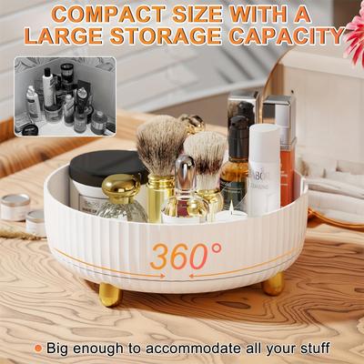 Organizator de machiaj și parfum cu capacitate mare, rotativ la 360 de grade - Tavă elegantă de depozitare neagră pentru toaletă cu accente aurii, design cu margini striate pentru stabilitate