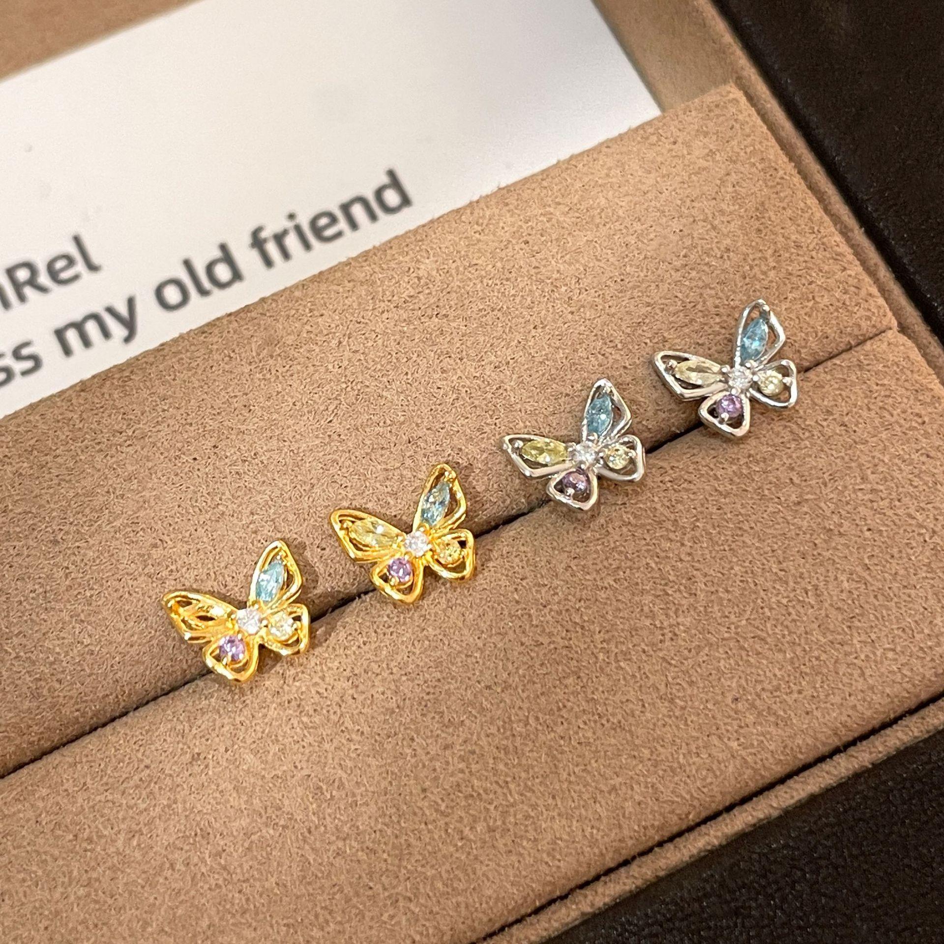 925 Sterling Silver Colorful CZ Butterfly Stud Earrings for Women Sparkling Multicolor Cubic Zirconia Gold Plated Earrings Gold
