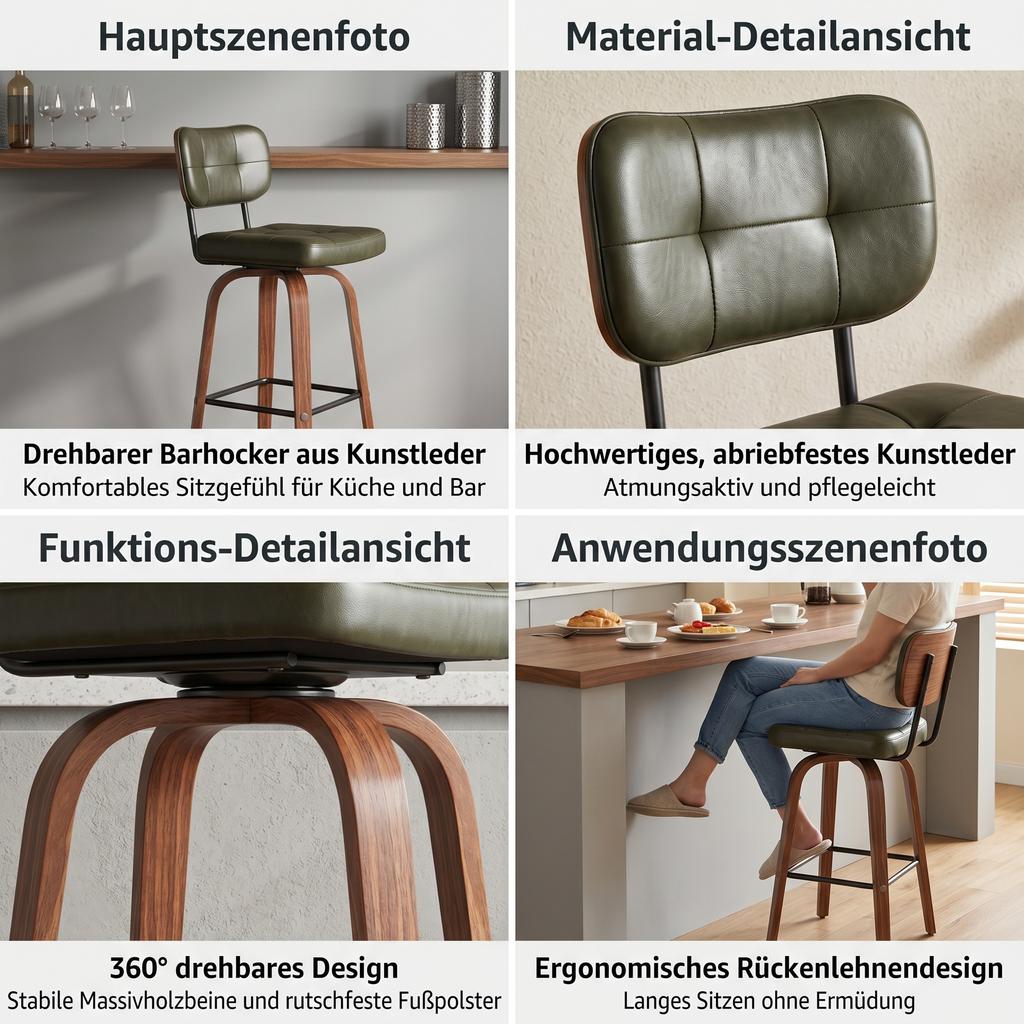 Curve Bar Stool - Swivel PU-Upholstered Stool with Curved Wood Sickle Backrest & Metal Frame, 360 degrees Swivel, Set of 2