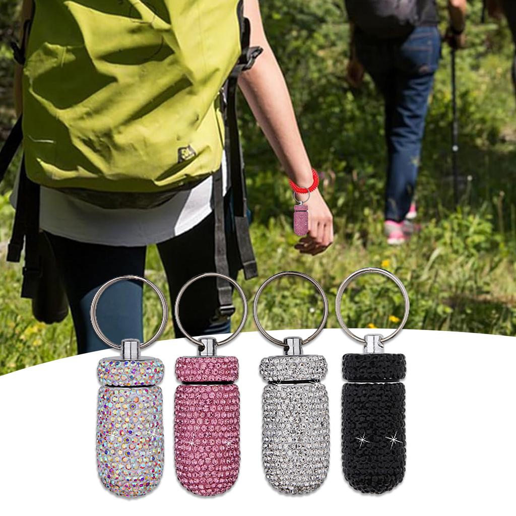 Portable Diamond Pill Case Keychain Glitter Rhinestone Travel Pill Box Metal Tablet Holder for Outdoor Activities