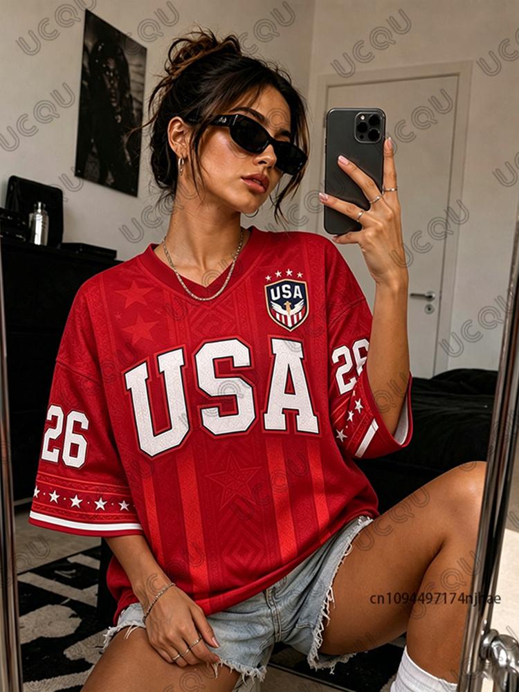 Summer New USA No.26 Print T-shirt For Women V-Neck Short Sleeve Tees Sports Football Jersey Y2K Casual Loose Oversized Tops