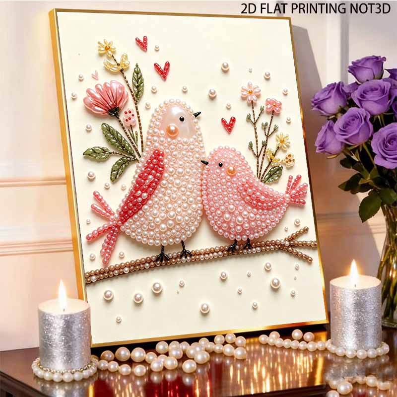 Unique 5D Framed Pearl Painting Kit with Romantic Love Birds and Flowers Sparkling Bead Art Canvas DIY Handmade Craft for Living Room Decor