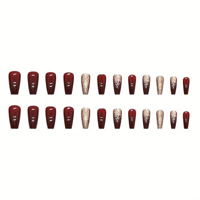 24pcs Golden Glitter Square Press On Nails - Medium Size Acrylic Wine Red Design