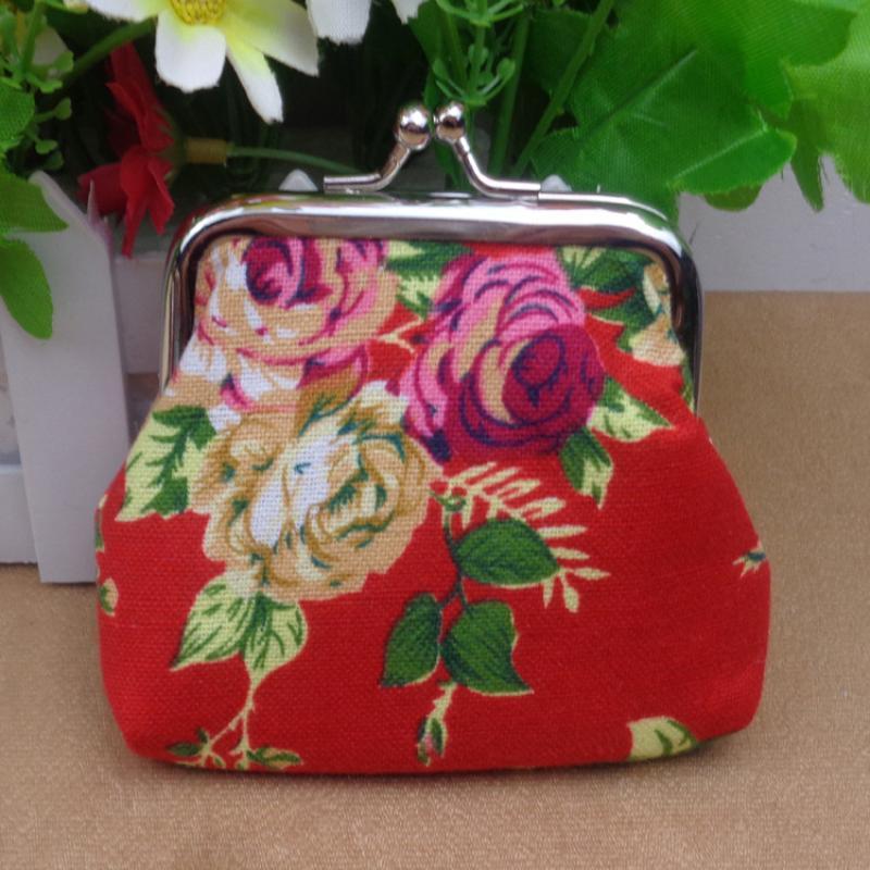 Vintage Floral Canvas Coin Purse Kiss Lock Closure Colorful Flower Print For Daily Use Carry Coins Lipsticks Small Items