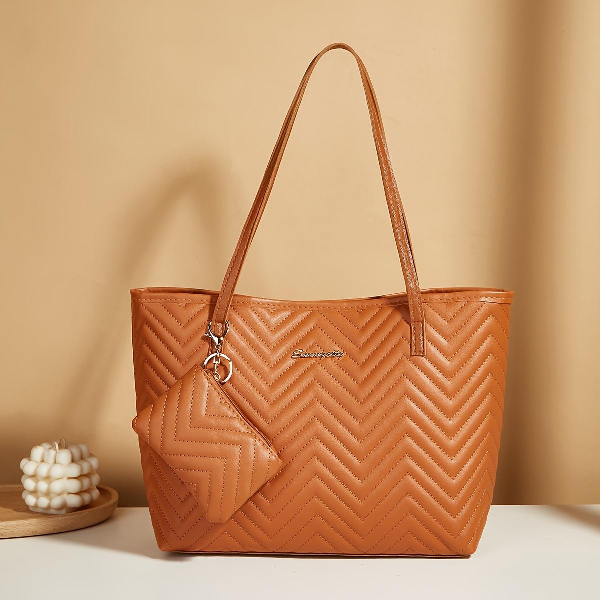 

Women s Large Capacity Tote Bag Fashion Single Shoulder Bag Letter Wave Pattern Handbag коричневый