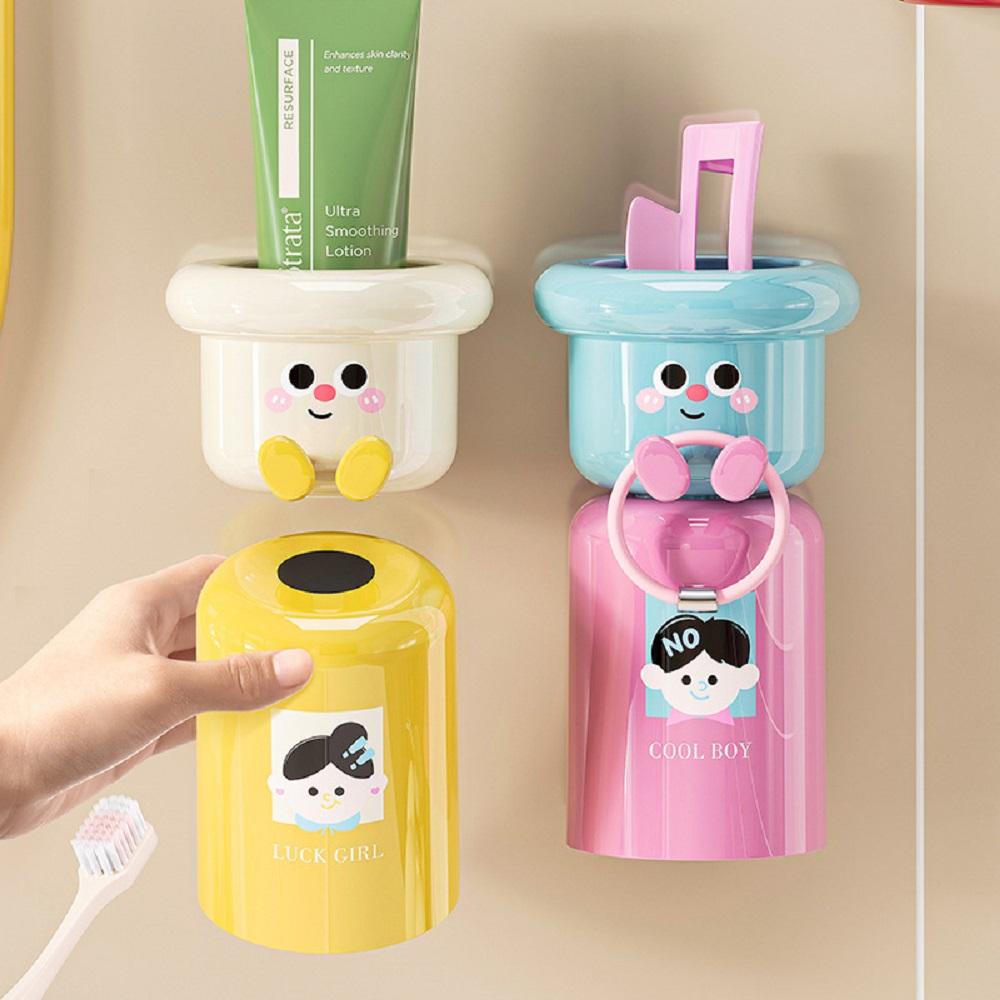 Cartoon Toothbrush Cup Holder Magnetic Punch-Free Upside Down Toothbrush Cup Wall Mounted Bathroom Toothbrush Stand Storage Rack
