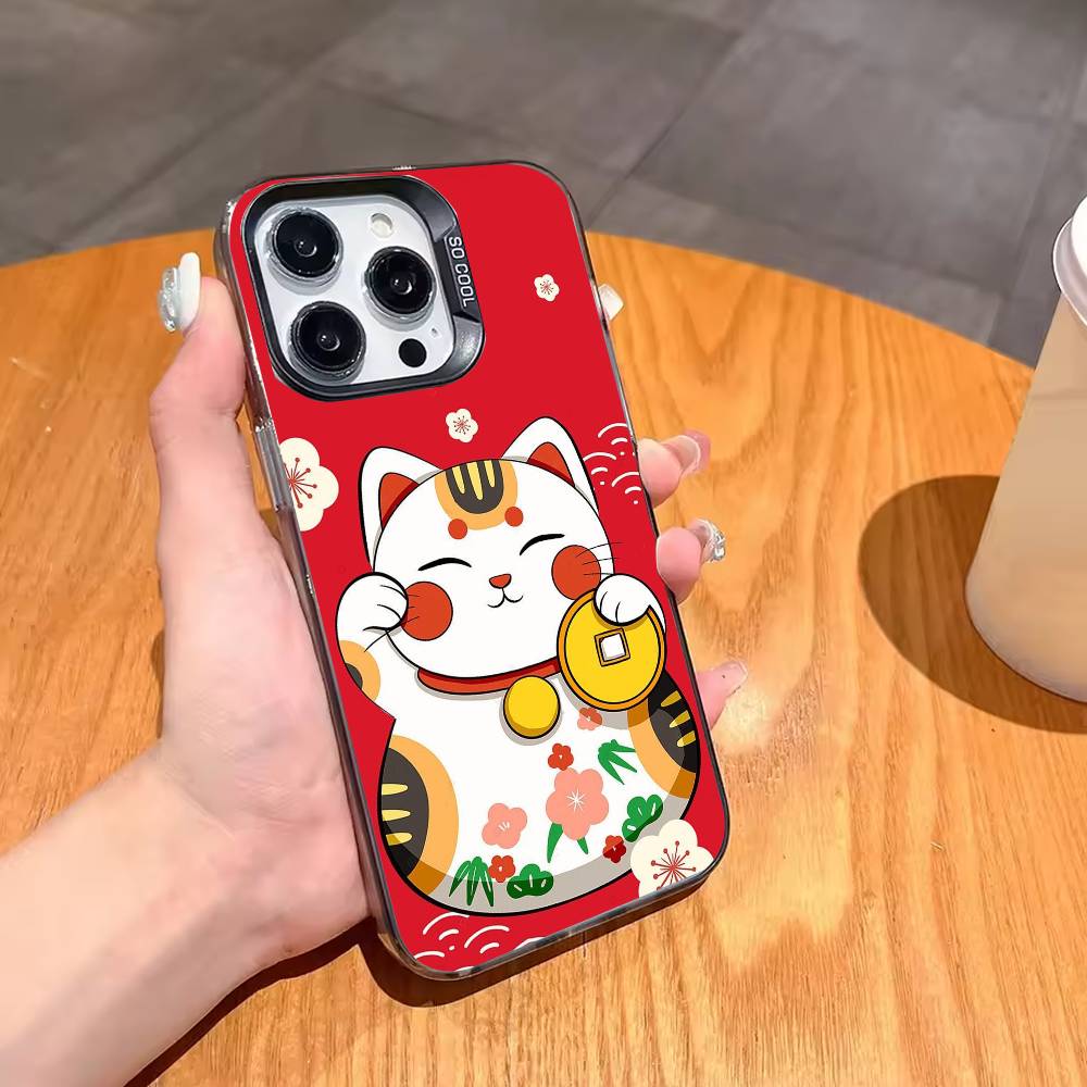 Lucky Money Cat M-Maneki N-Neko Phone Case For iPhone17 16 15 14 13 12 Pro Max Grey Black Matte Laser Metallic Aurora Funda